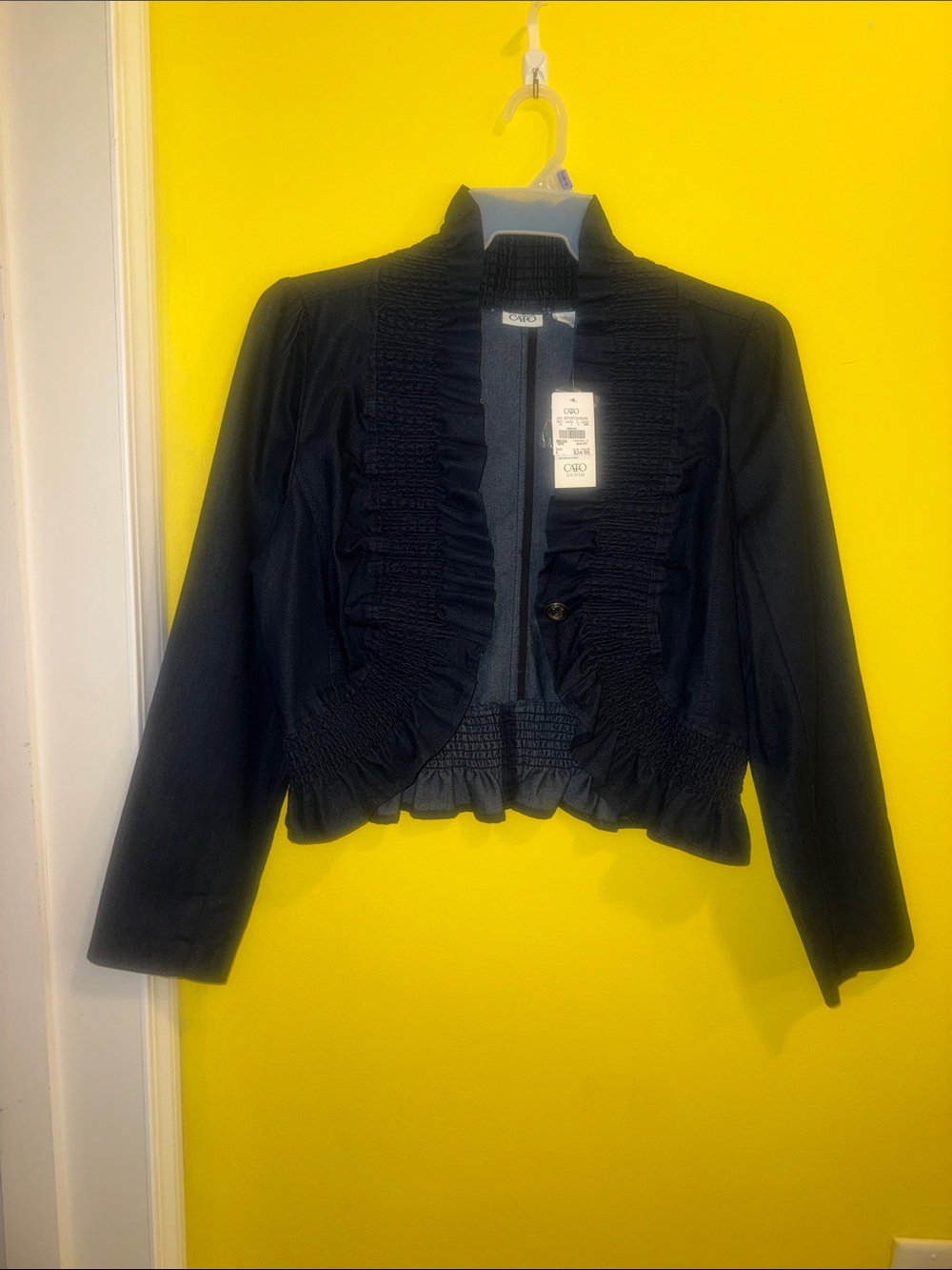 Women’s Denim Ruffled Cropped Jacket - Elegant Evening Coat - Picture 7 of 14